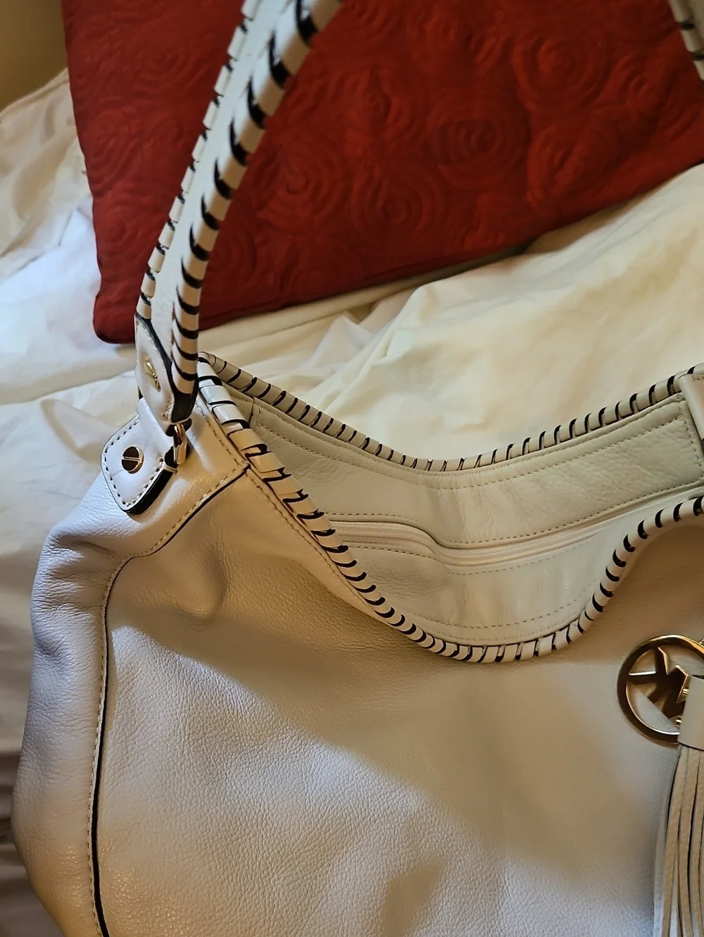 Michael Kors Cream Leather Hobo with Gold Logo Tassel